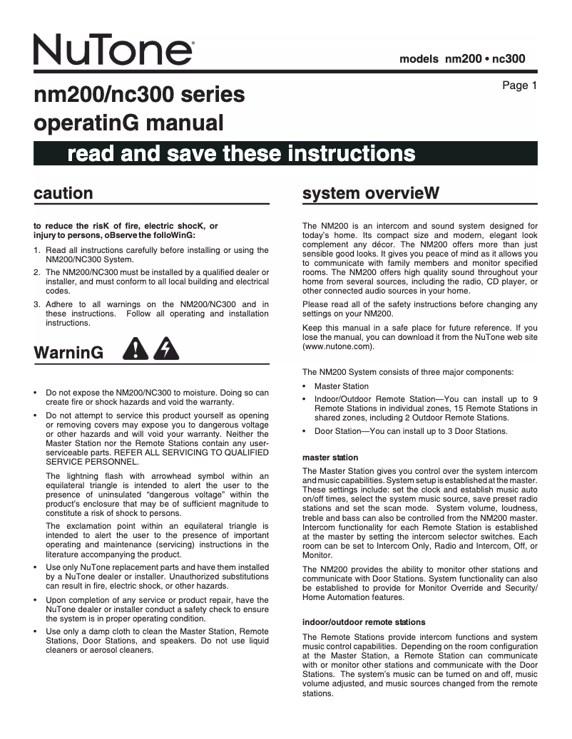 Page n°1 - Manuel utilisateur NuTone NM200AL