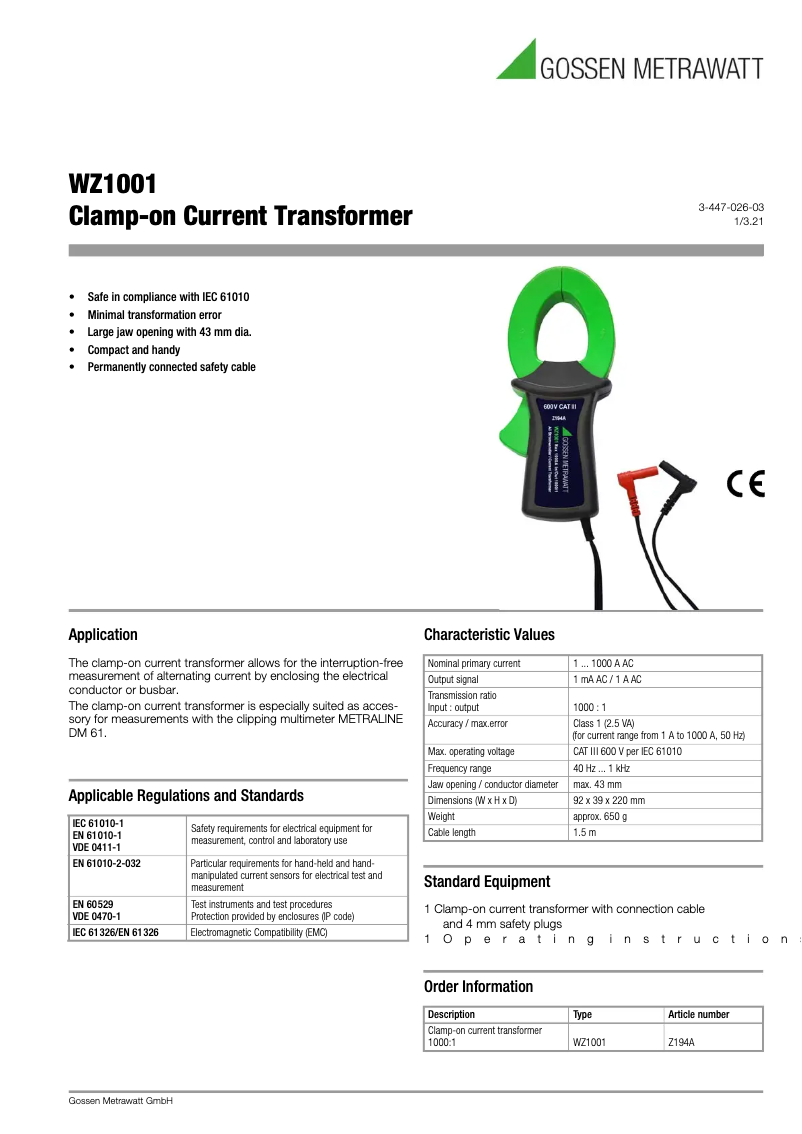 Página 1 del manual Ficha técnica Gossen Metrawatt WZ1001