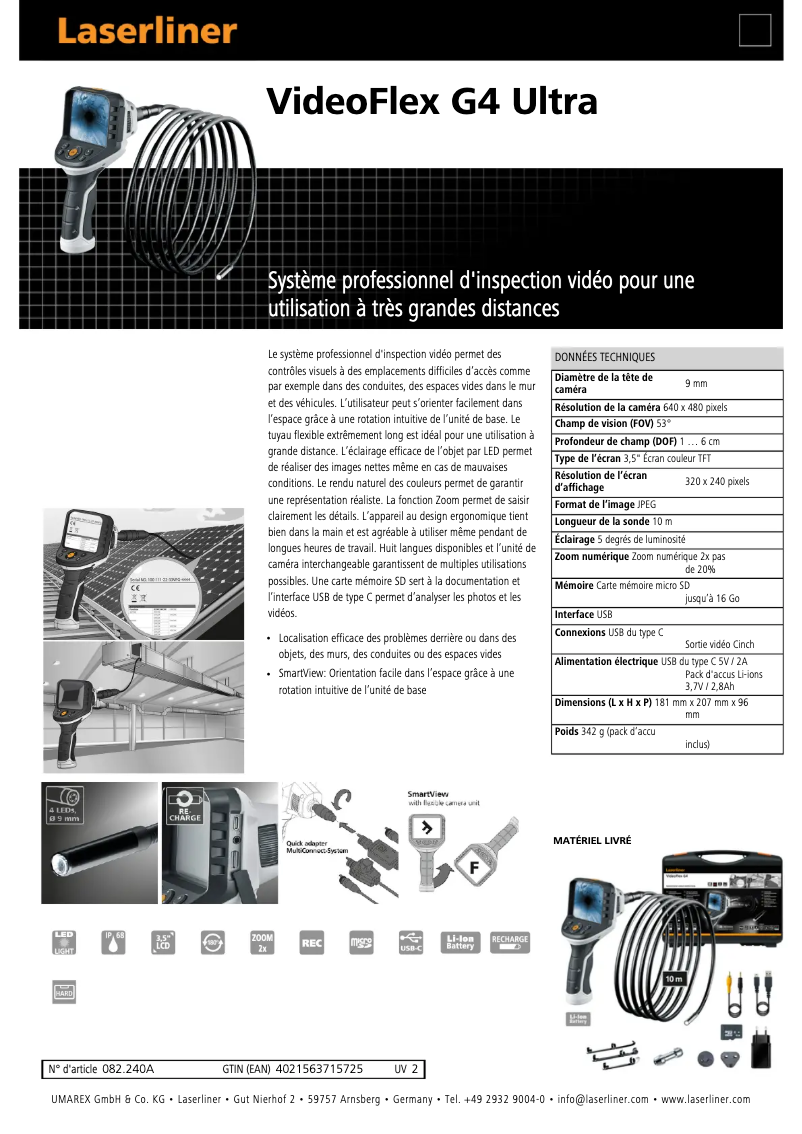 Page 1 de la notice Fiche technique Laserliner VideoFlex G4 Ultra