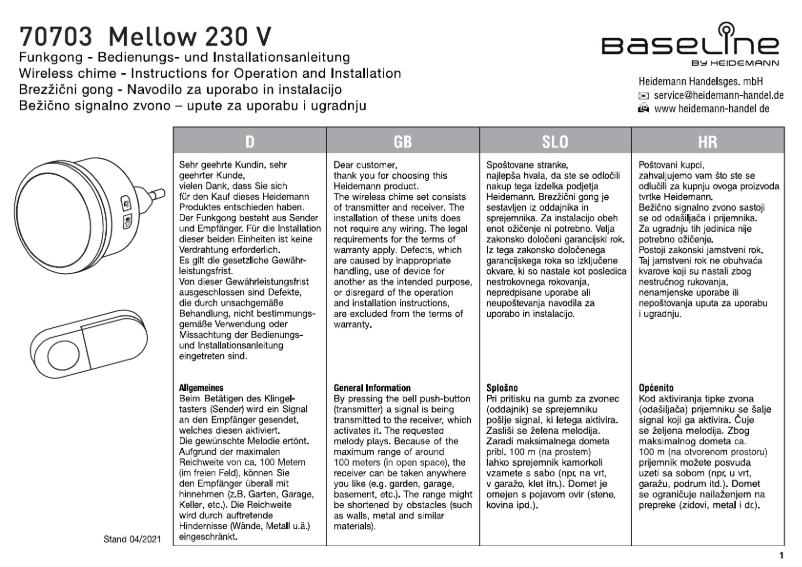 Page 1 de la notice Manuel utilisateur Heidemann 70703