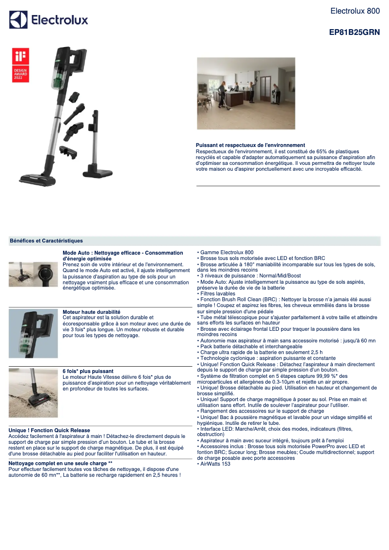 Page 1 de la notice Fiche technique Electrolux EP81B25GRN