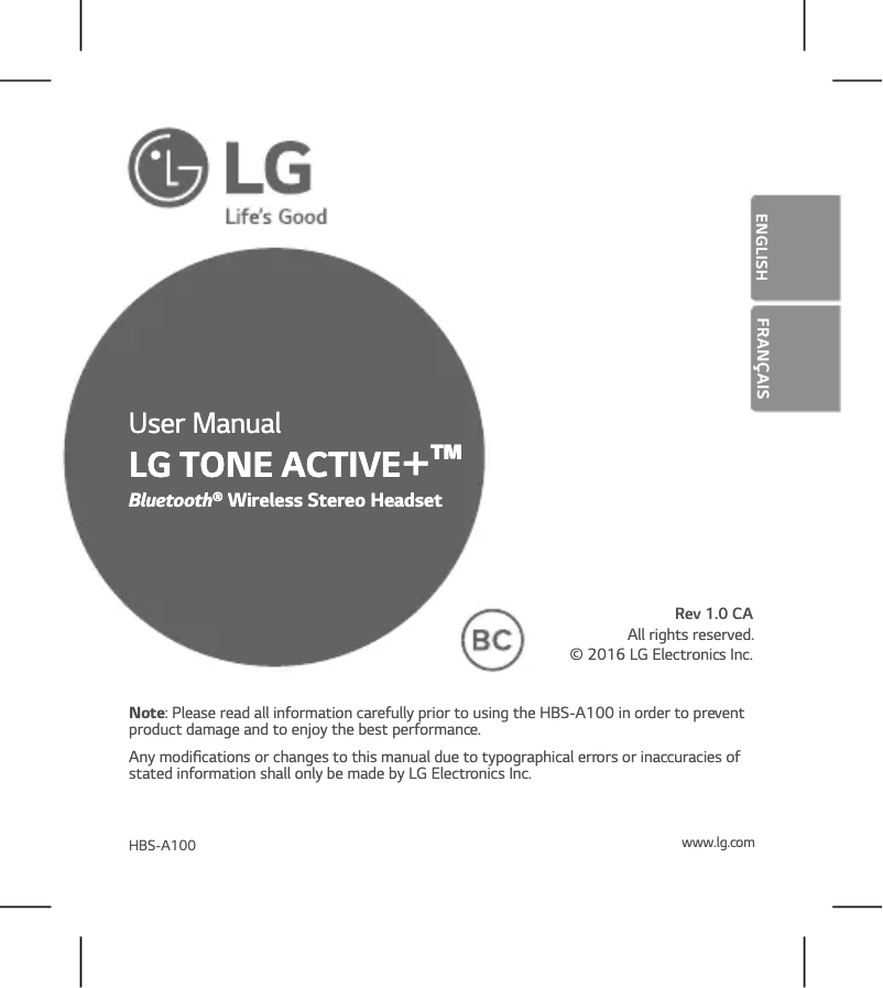 Page 1 de la notice Manuel utilisateur LG Tone Active+ HBS-A100