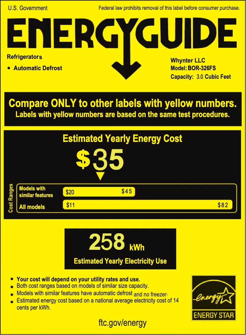Page 1 de la notice Label énergétique Whynter BOR-326FS