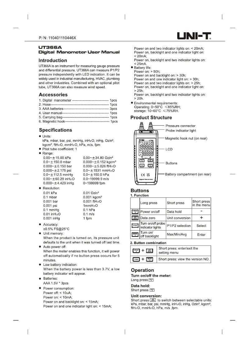 Page n°1 - Manuel utilisateur Uni-T UT366A