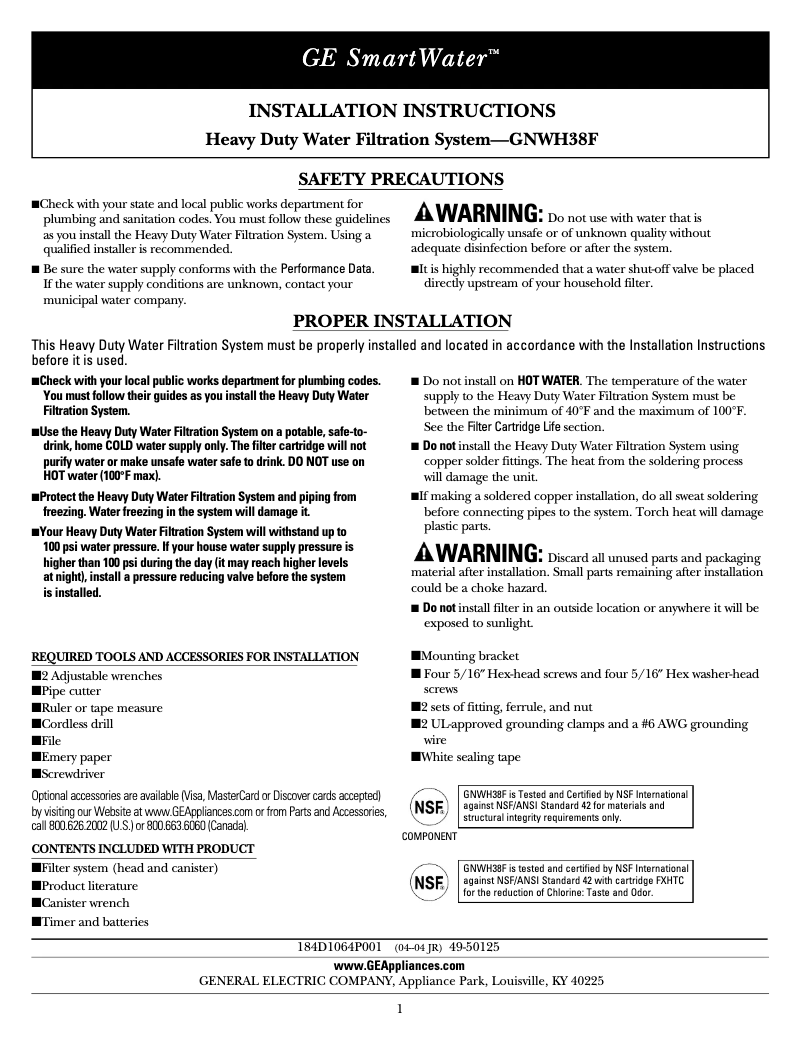 Page n°1 - Manuel d'utilisation et d'entretien GE GNWH38F