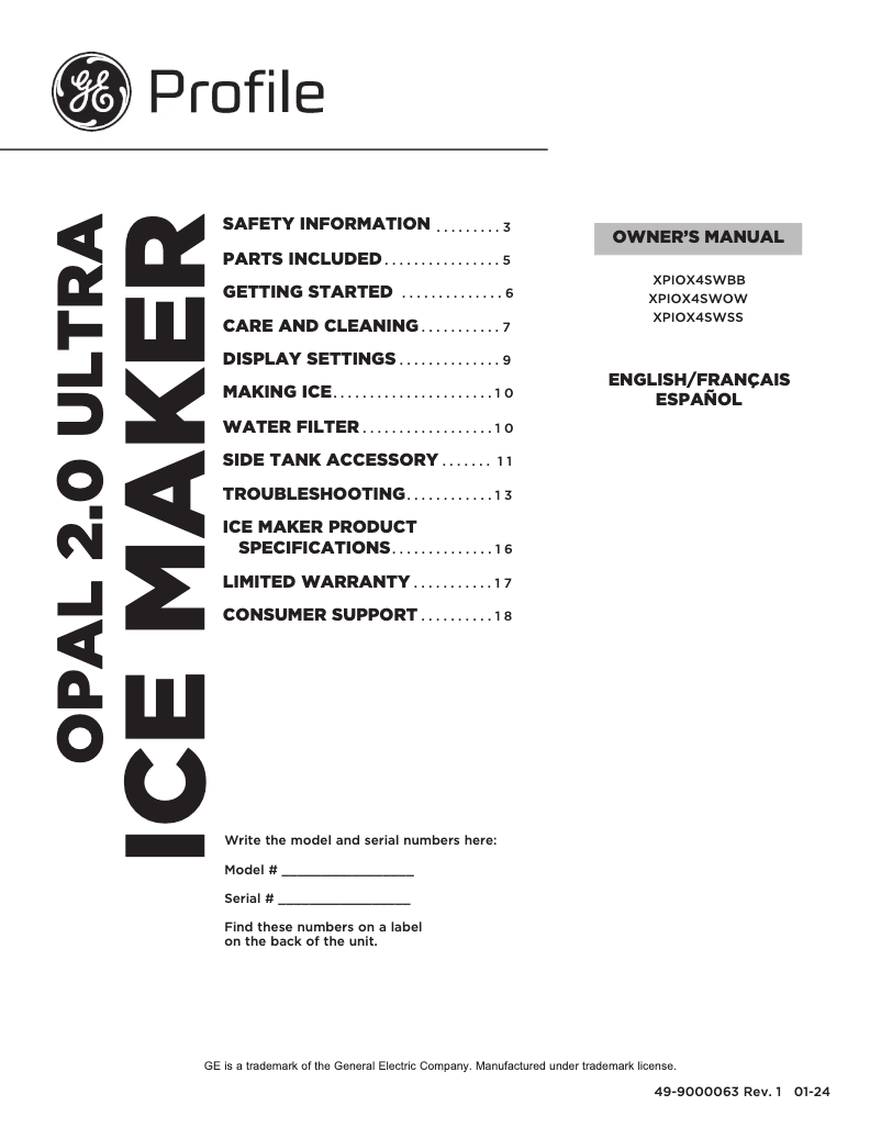First page image of the manual for Profile Opal XPIOX4SWOW