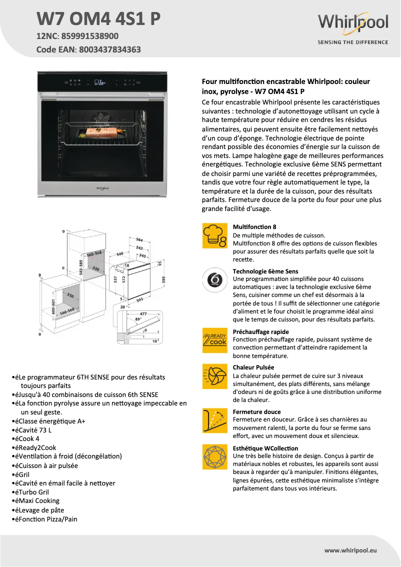 Page n°1 - Fiche technique Whirlpool W7 OM4 4S1 P