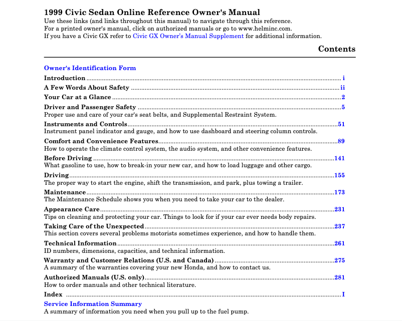 Page 1 de la notice Manuel utilisateur Honda Civic (1999)