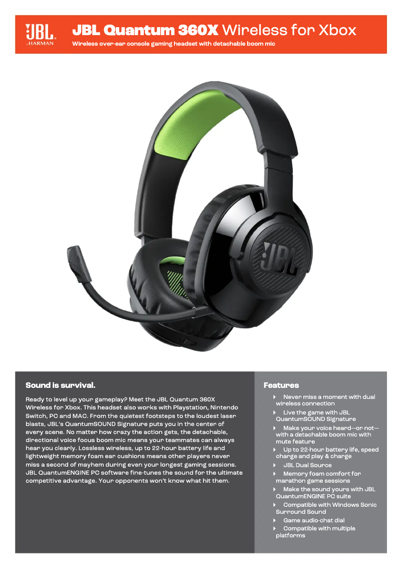 Page 1 de la notice Fiche technique JBL Quantum 360X Wireless for Xbox