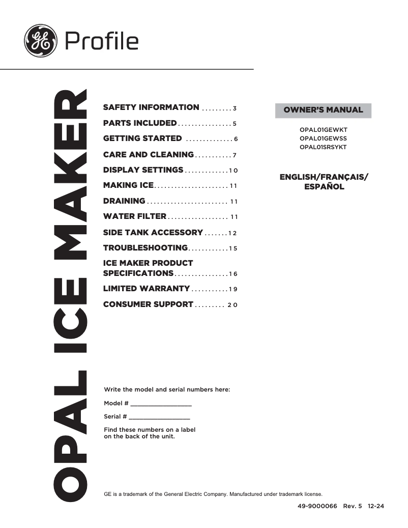 First page image of the manual for Profile Opal OPAL01GHSDTK