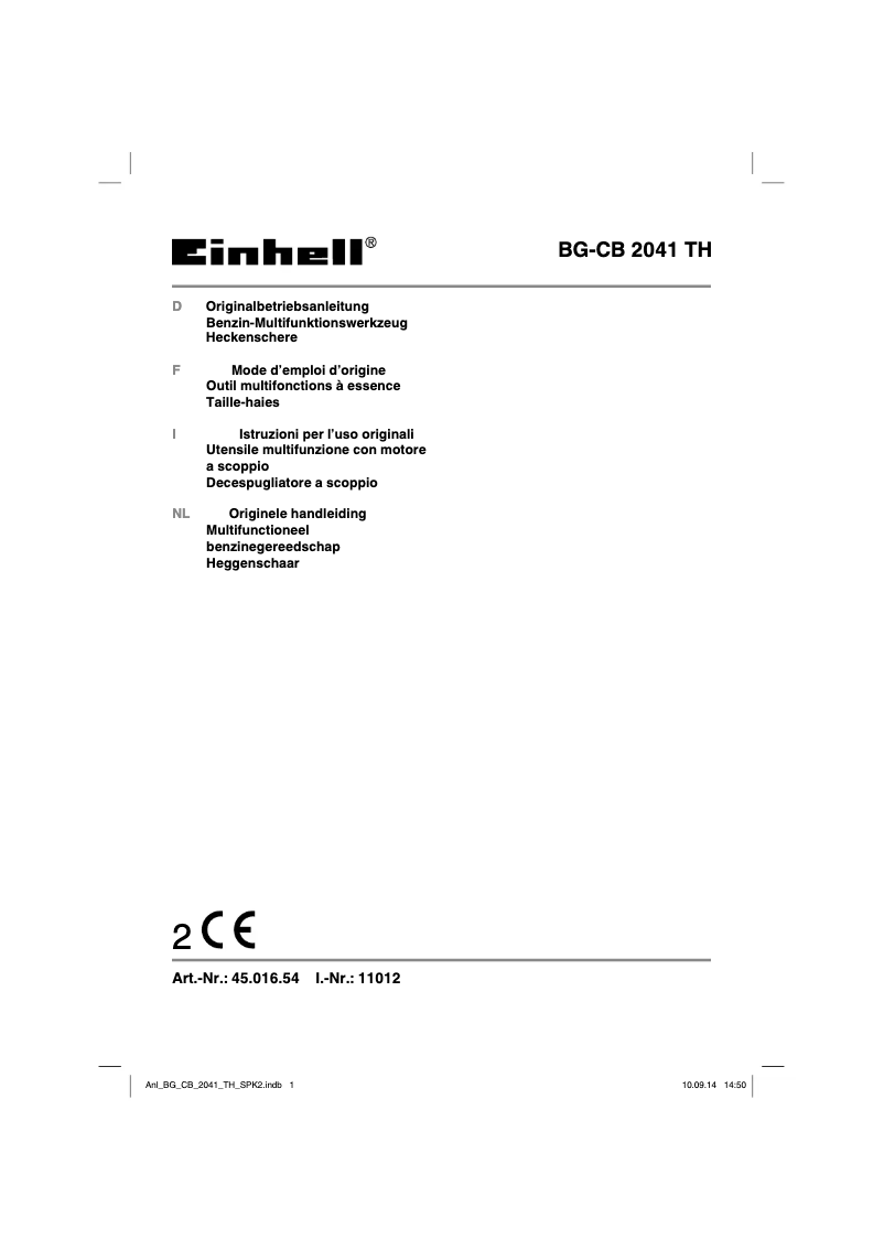 Page n°1 - Manuel utilisateur Einhell BG-CB 2041 TH