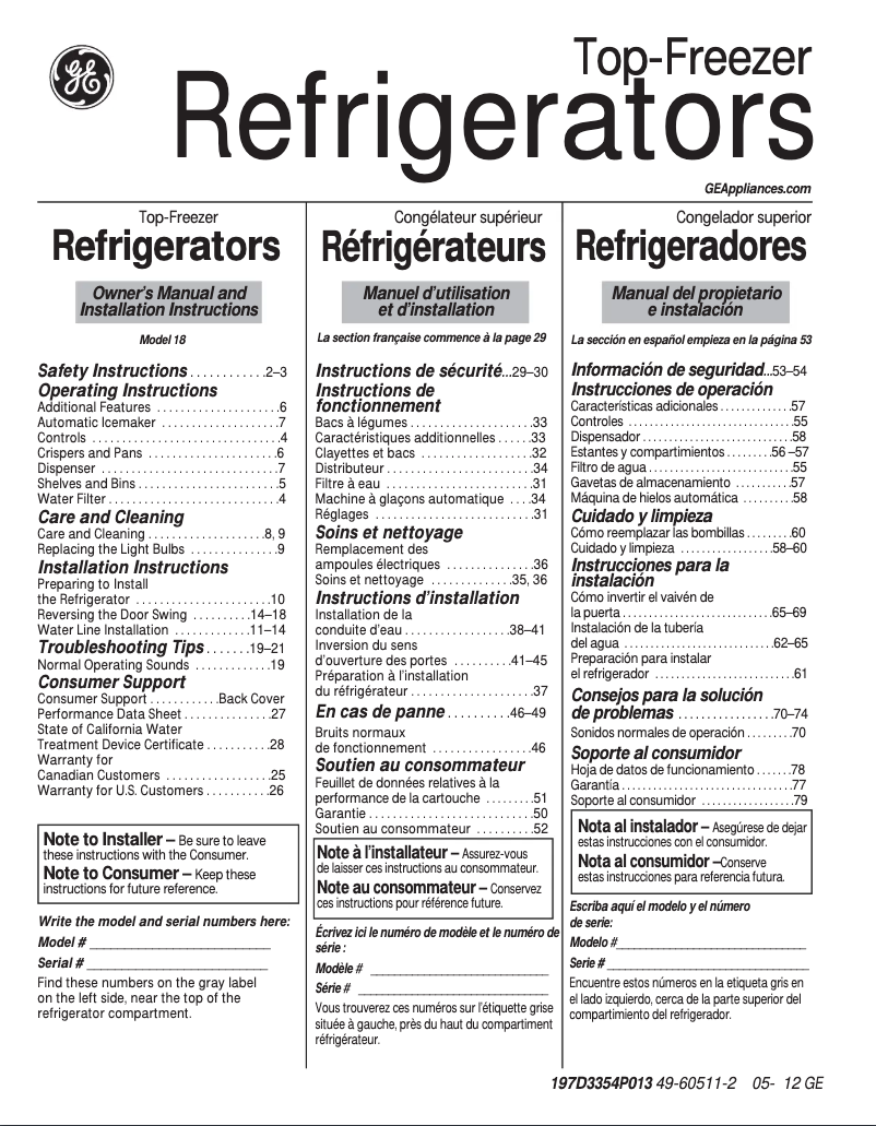 Page 1 de la notice Guide d'installation GE GTH18ECEWW