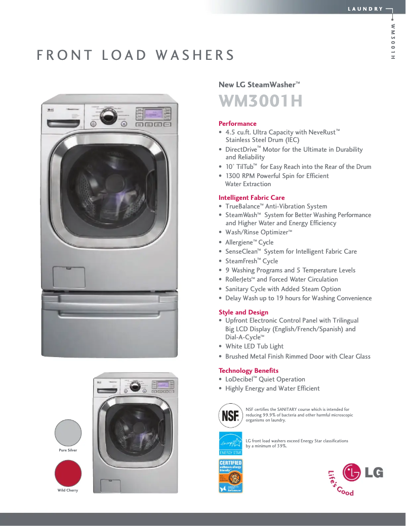 Page 1 de la notice Fiche technique LG WM3001HRA