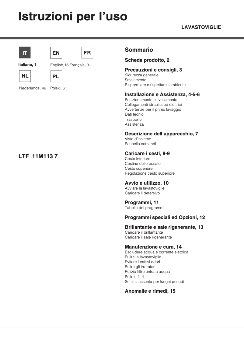 Page 1 de la notice Manuel utilisateur Hotpoint Ariston LTF 11M113 7