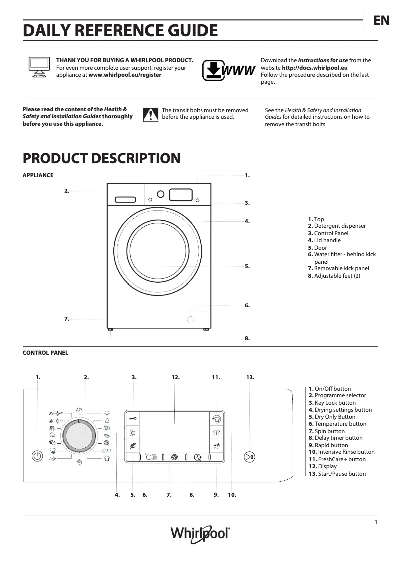 Page 1 de la notice Manuel utilisateur Whirlpool FWDD117168W