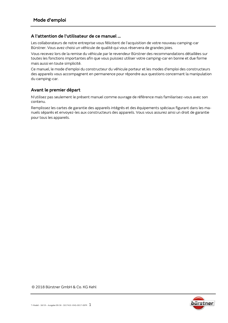 Page 1 de la notice Manuel utilisateur Bürstner Lyseo TD Limited (2019)