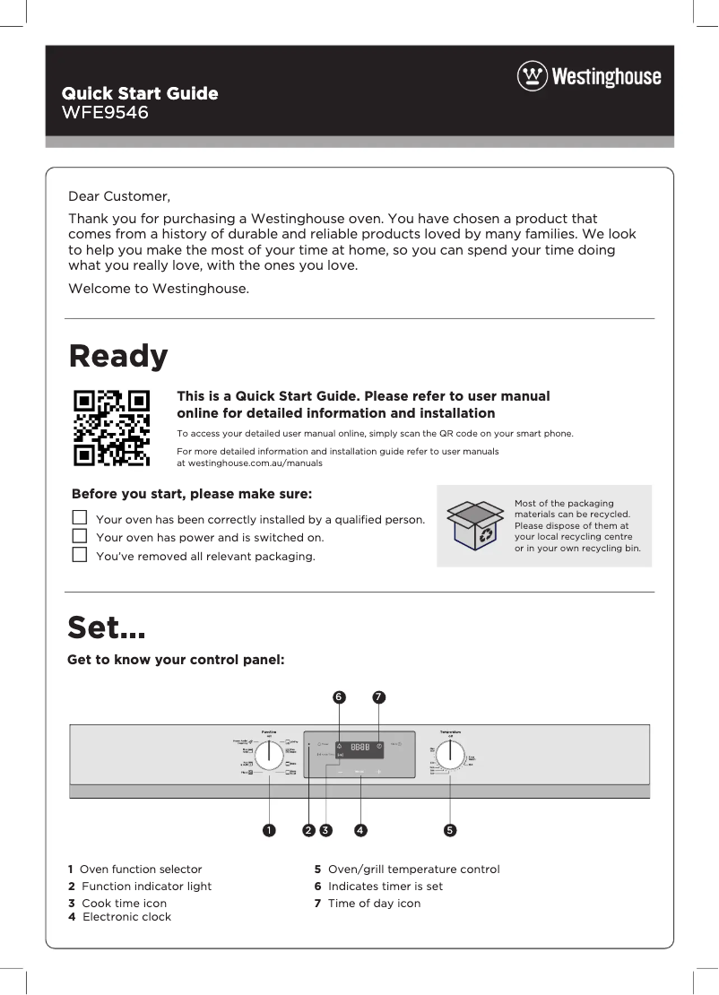 Page 1 de la notice Guide de démarrage rapide Westinghouse WFE9546SD