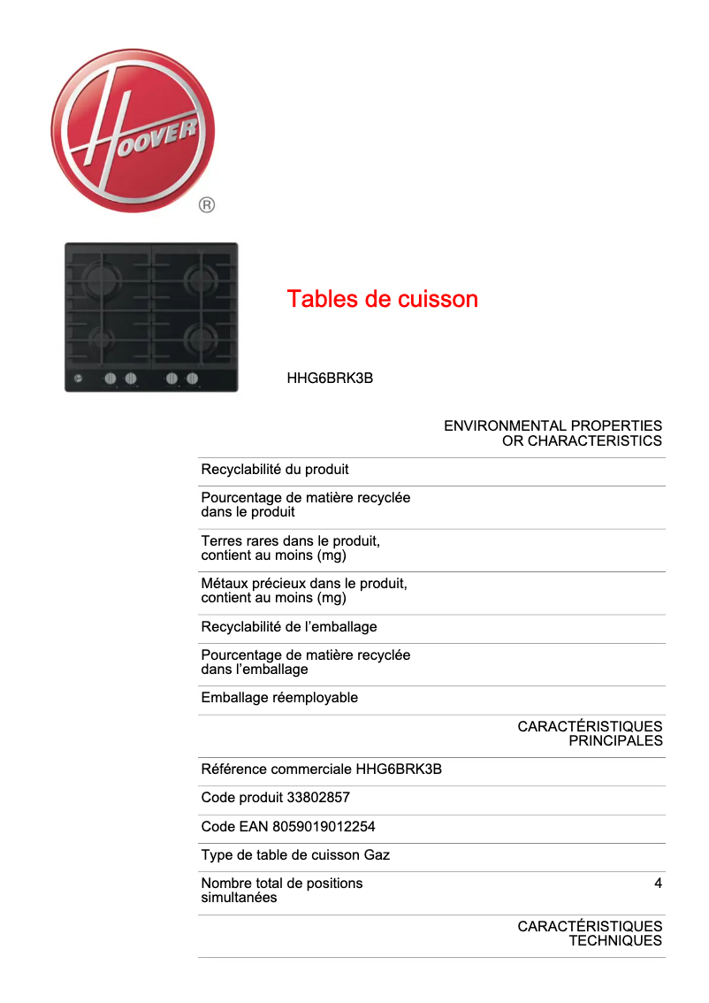 Image de la première page du manuel de l'appareil H-HOB 300 HHG6BRK3B