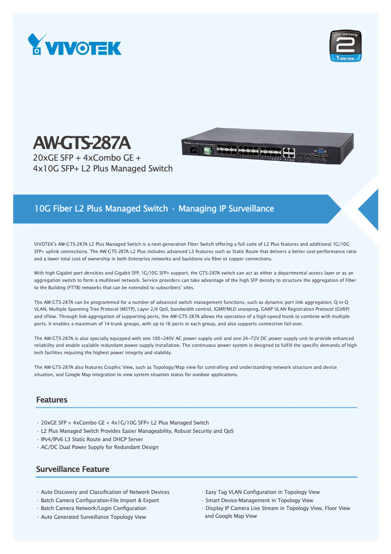 Page 1 of the manual Technical Sheet Vivotek AW-GTS-287A