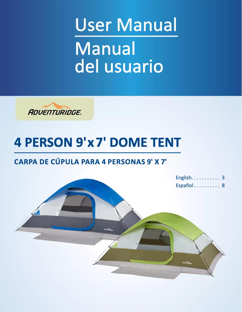 Page 1 de la notice Manuel utilisateur Adventuridge 4 Person 9' x 7' Dome Tent 50137