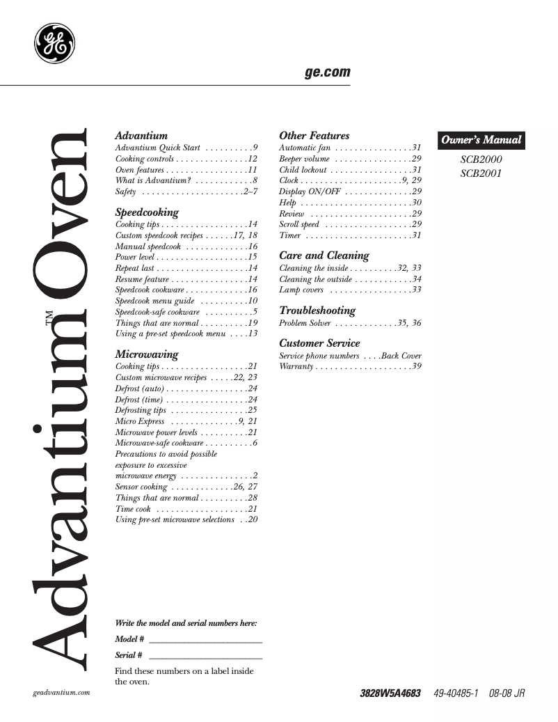 Page n°1 - Manuel d'utilisation et d'entretien Advantium SCB2000CBB