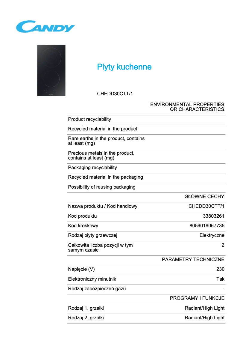 Page 1 de la notice Fiche technique Candy CHEDD30CTT/1