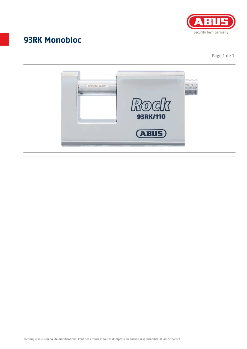 Page 1 de la notice Fiche technique Abus 93RK