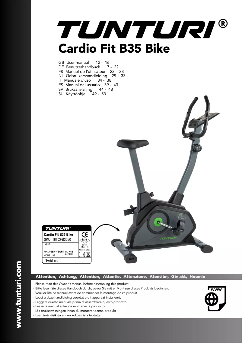 Page n°1 - Manuel utilisateur Tunturi Cardio Fit B35 Heavy Bike
