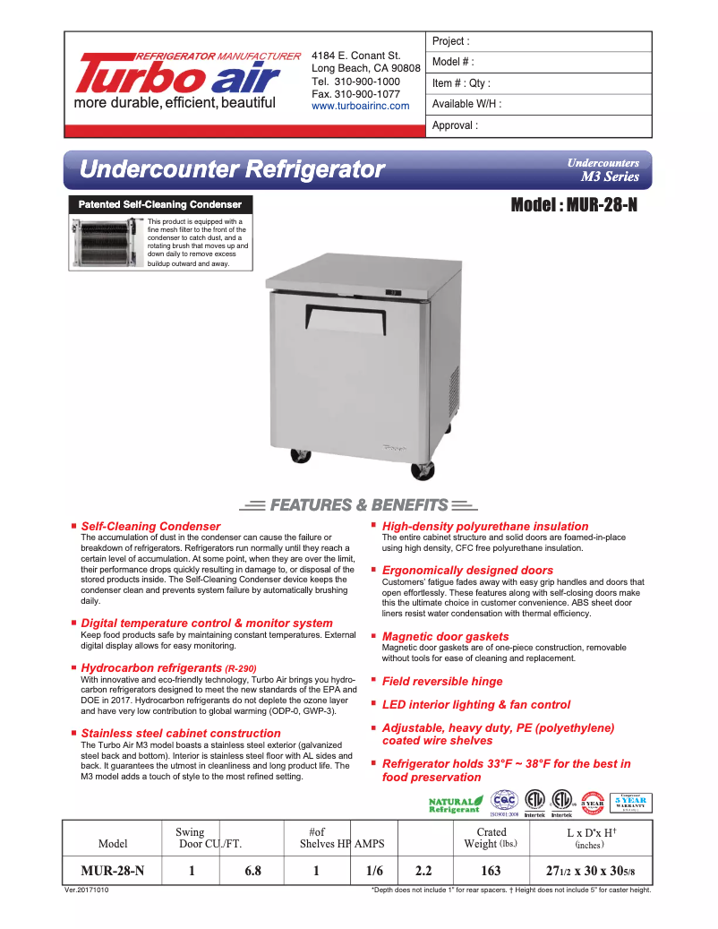 Page 1 de la notice Fiche technique Turbo air MUR-28