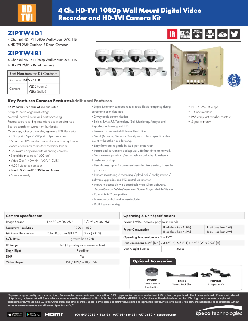 Page n°1 - Fiche technique Speco Technologies ZIPTW4B1