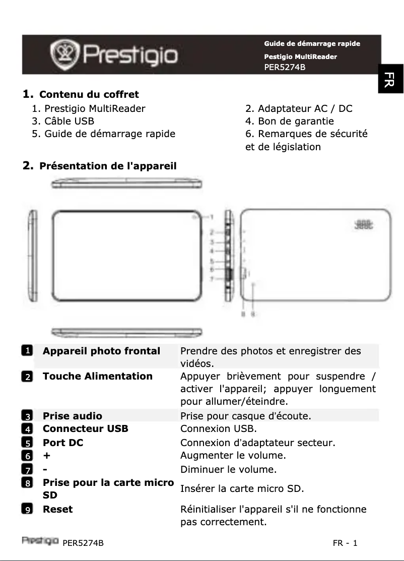 Page 1 de la notice Manuel utilisateur Prestigio MultiReader 5274