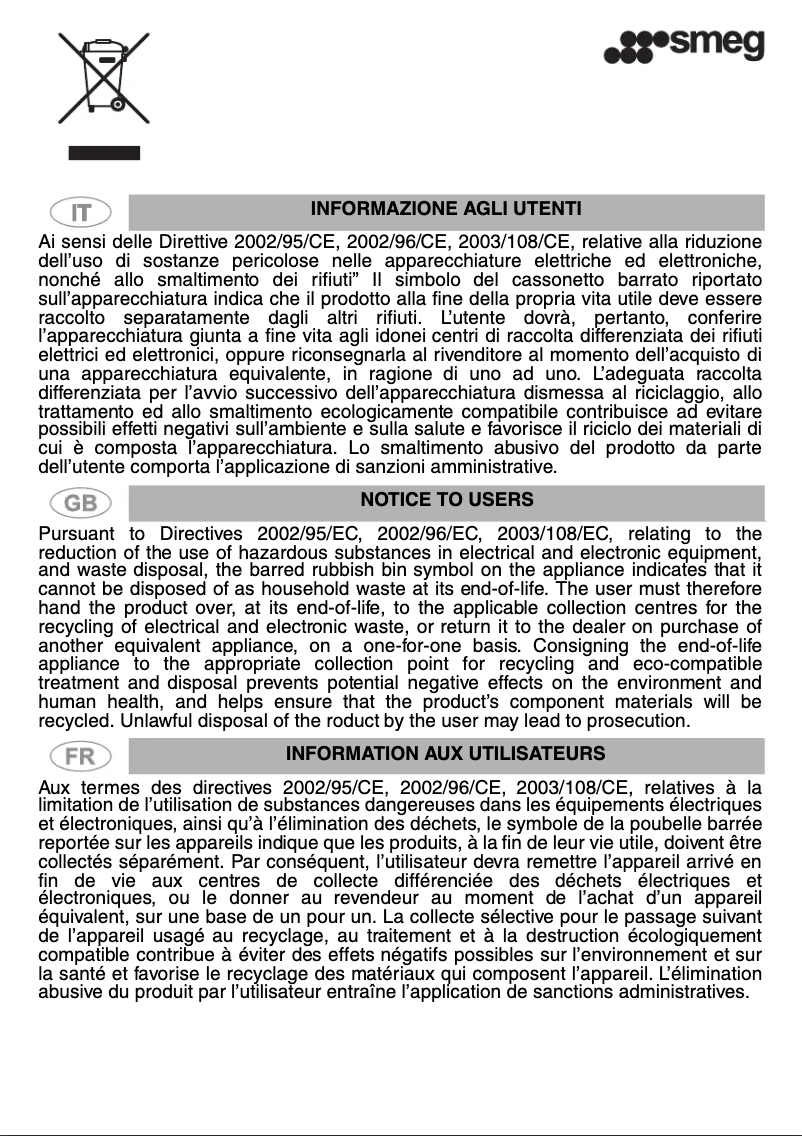 Page 1 de la notice Manuel utilisateur Smeg PX1402