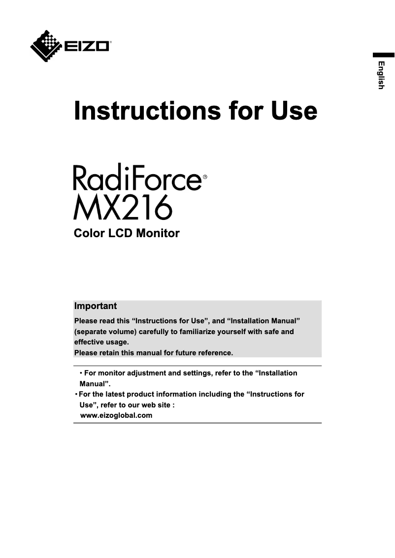 Page 1 de la notice Manuel utilisateur Eizo RadiForce MX216
