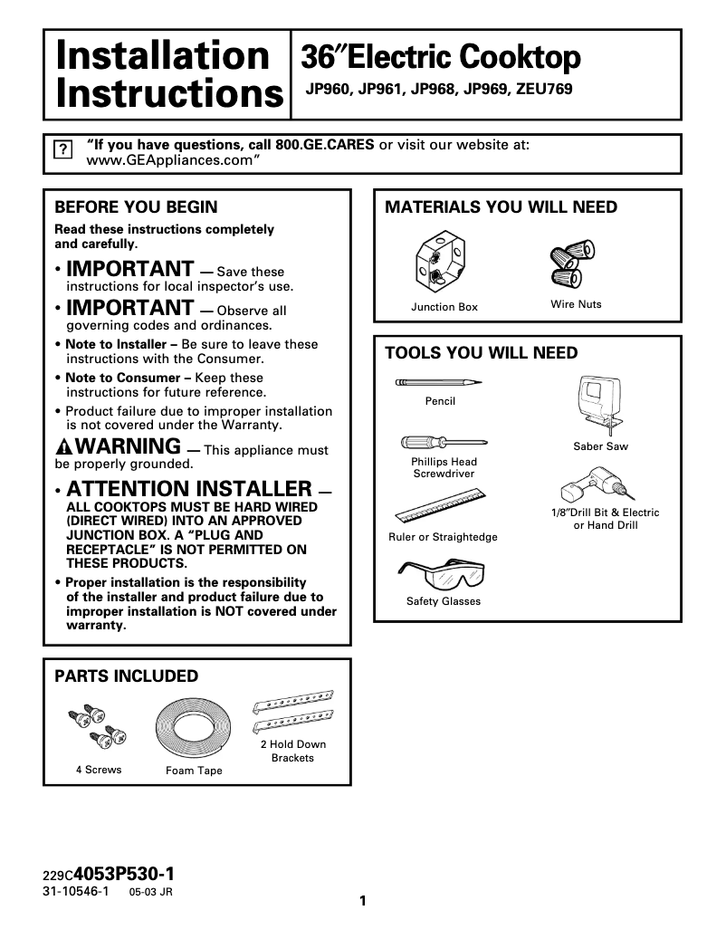 First page image of the manual for Profile JP961BHBB