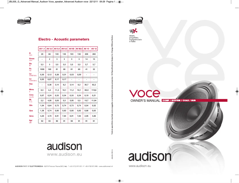 Page n°1 - Manuel utilisateur Audison VOCE AV 6.5