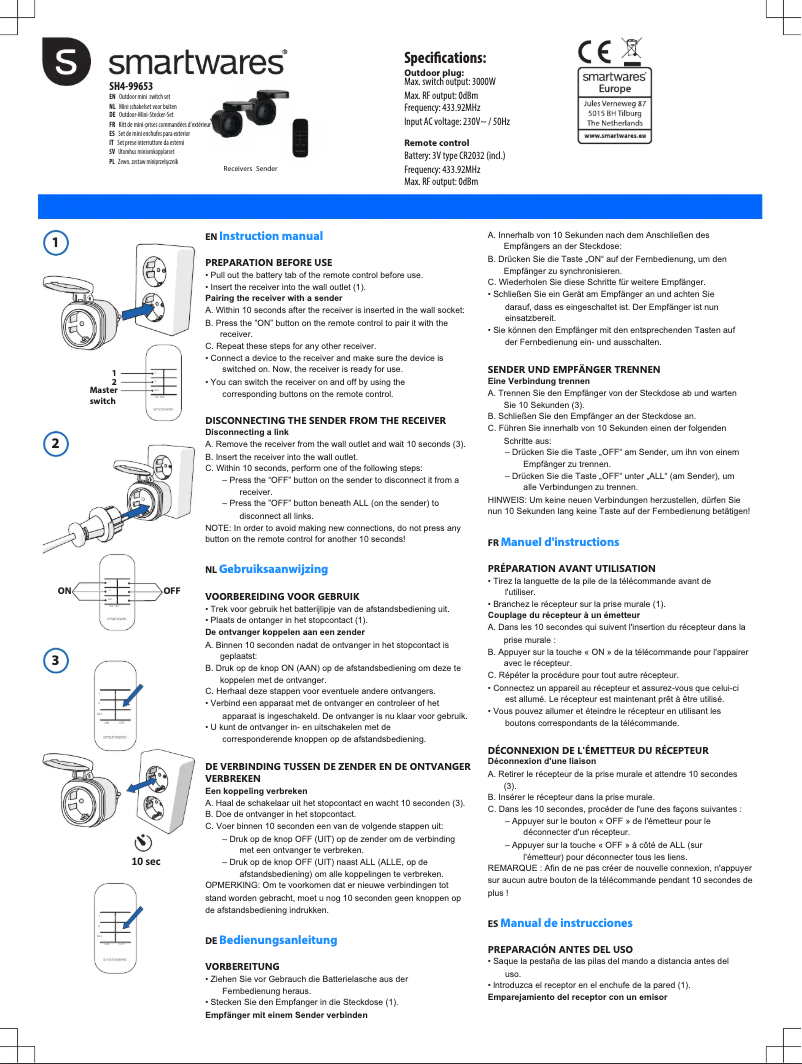 Page n°1 - Manuel utilisateur Smartwares SH4-99653