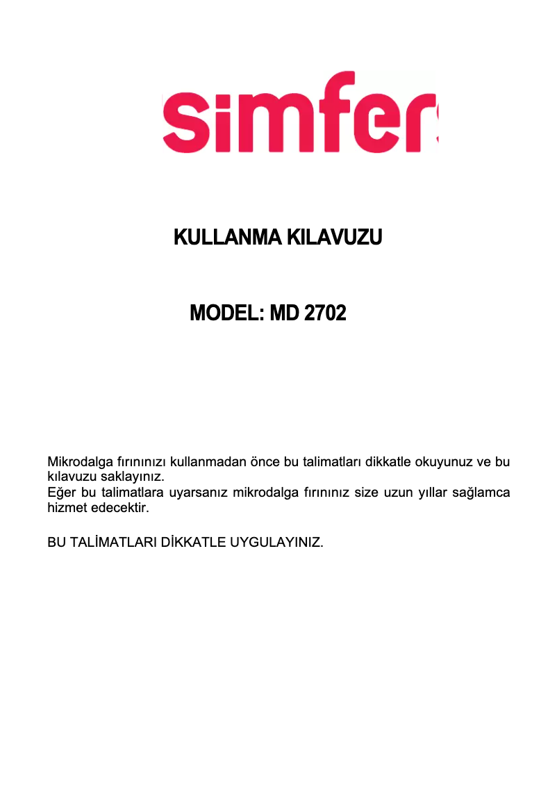 Page n°1 - Manuel utilisateur Simfer MD 2702