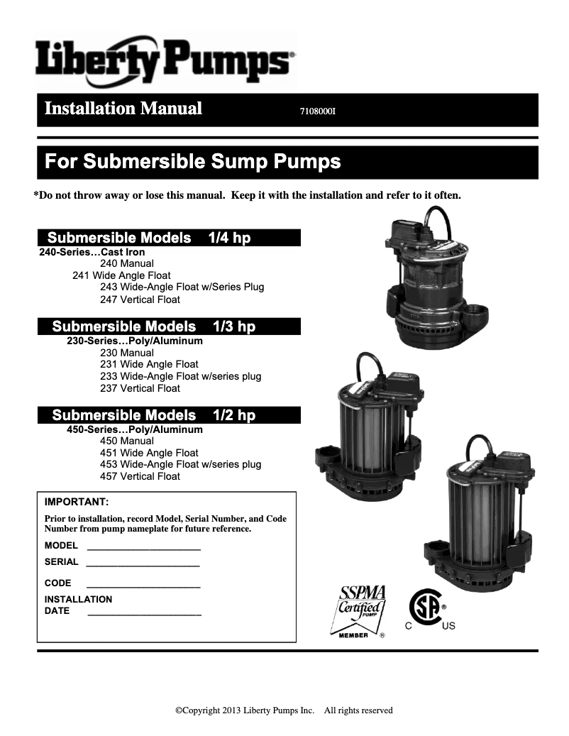 Page 1 de la notice Manuel utilisateur Liberty Pumps 230