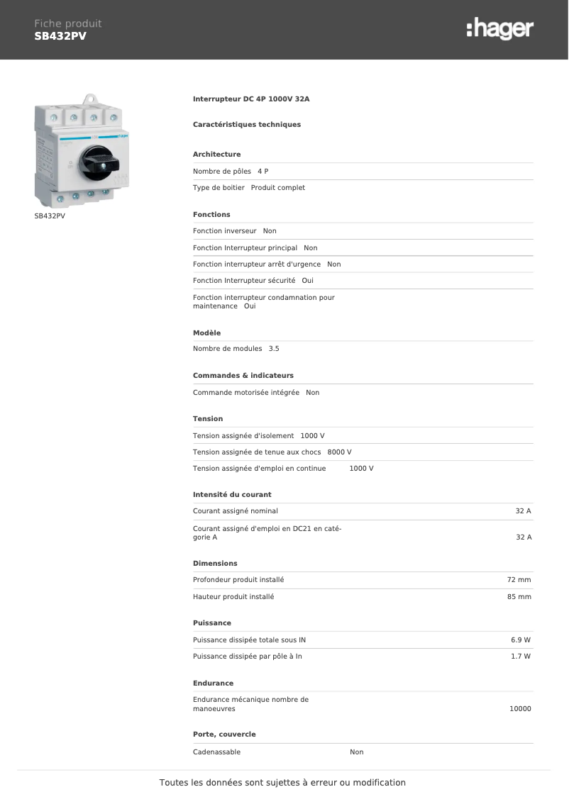 Page 1 de la notice Fiche technique Hager SB432PV