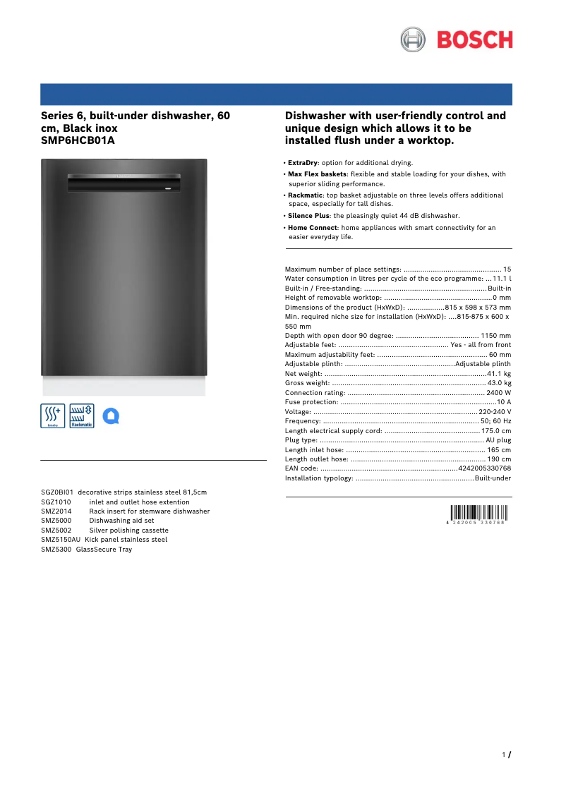 Page n°1 - Fiche technique Bosch SMP6HCB01A