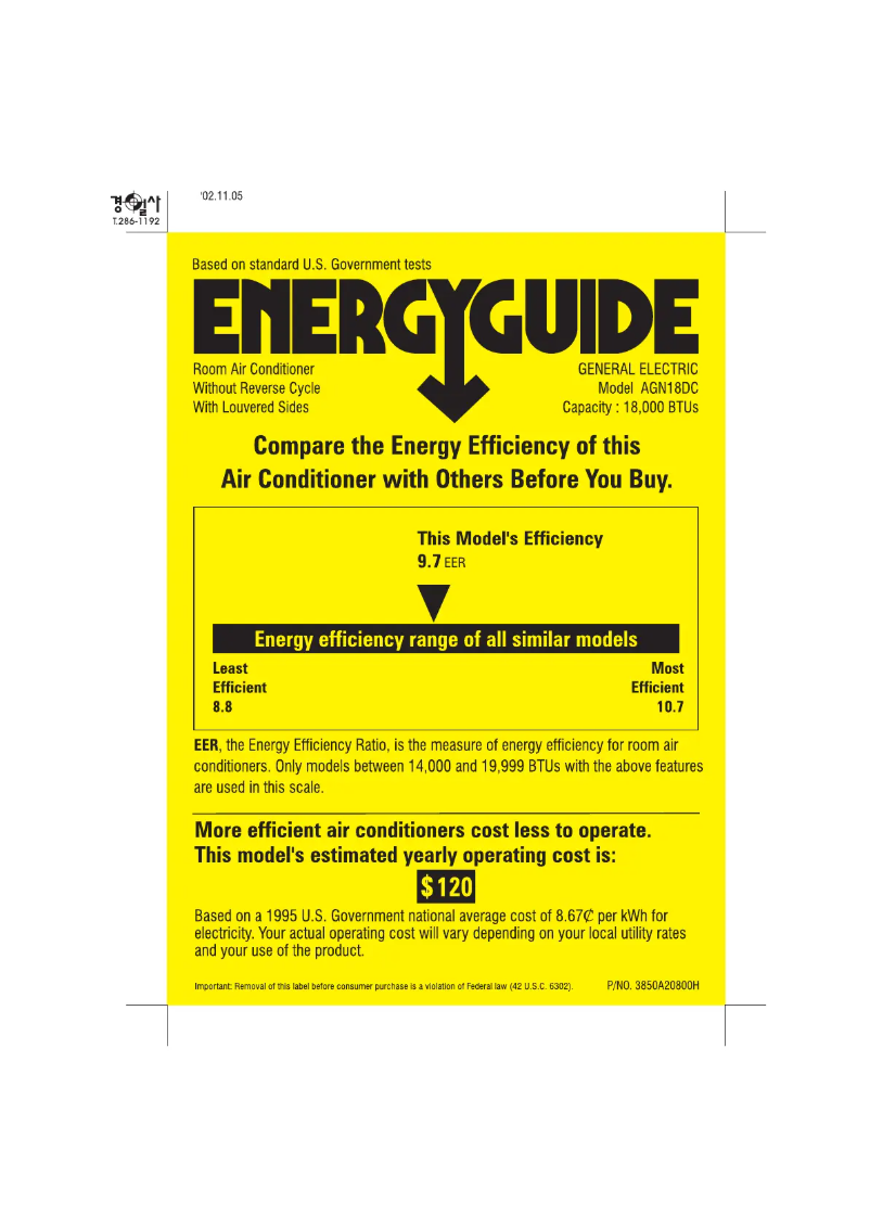 Page n°1 - Label énergétique GE AGN18DC