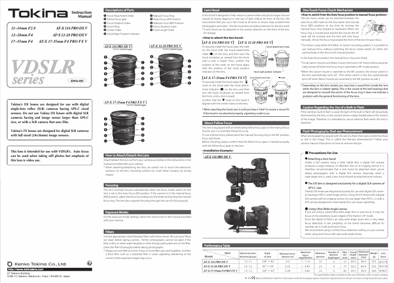 Page 1 de la notice Manuel utilisateur Tokina 11-16mm f/2.8 DX II Nikon