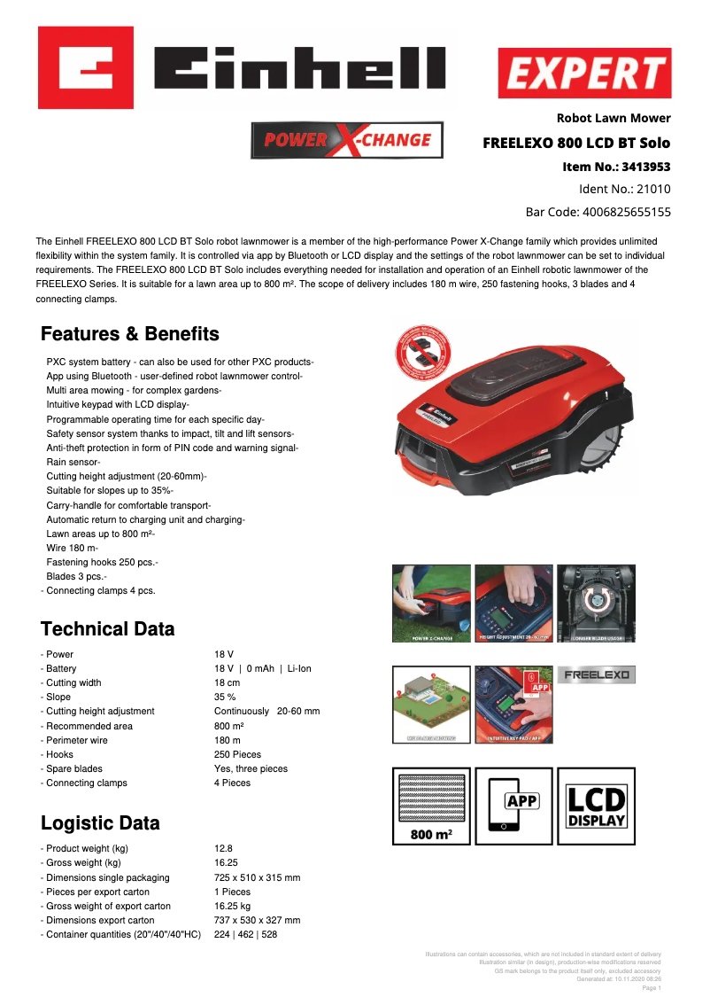 Page 1 de la notice Fiche technique Einhell FREELEXO 800 LCD BT