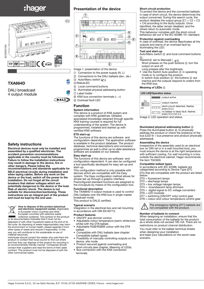 Page 1 de la notice Manuel utilisateur Hager TXA664D