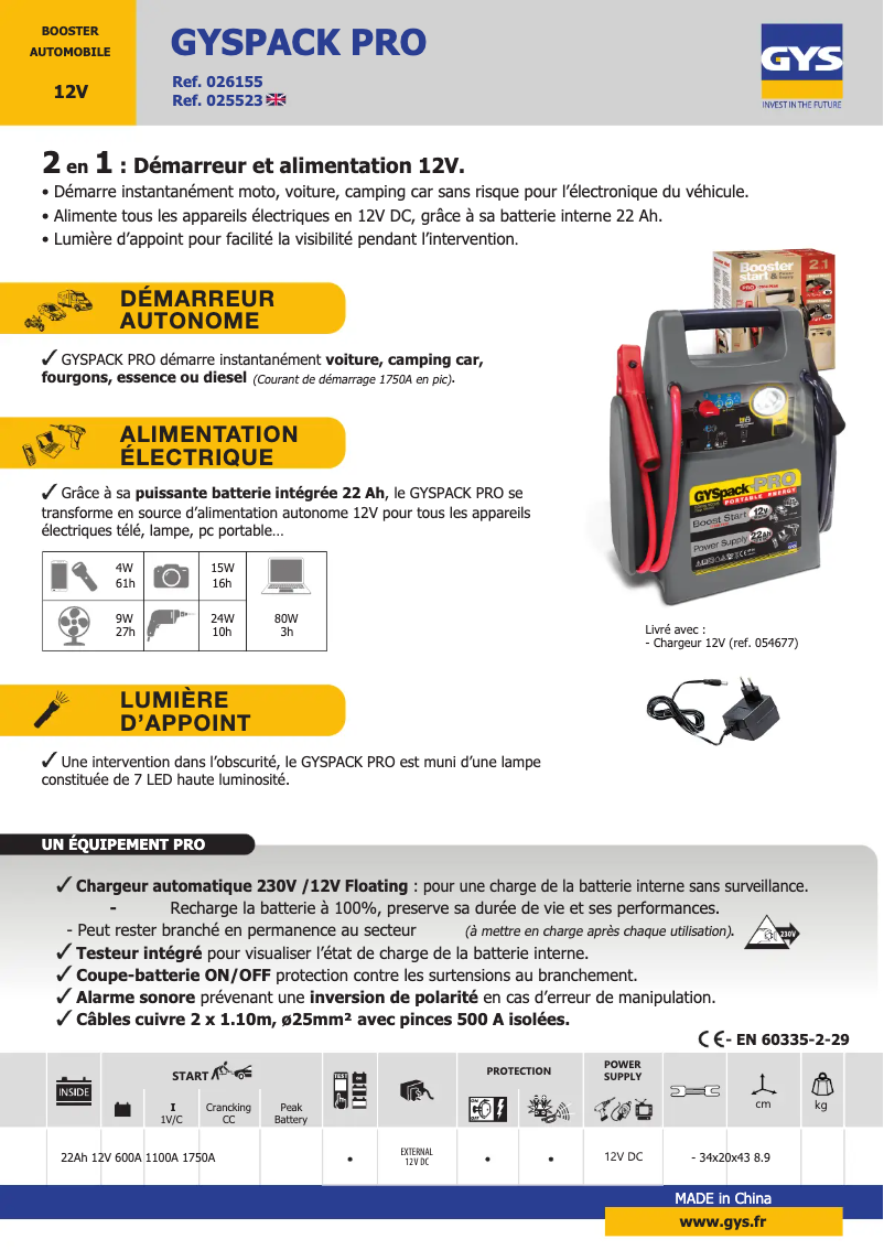 Page n°1 - Fiche technique GYS Gyspack PRO