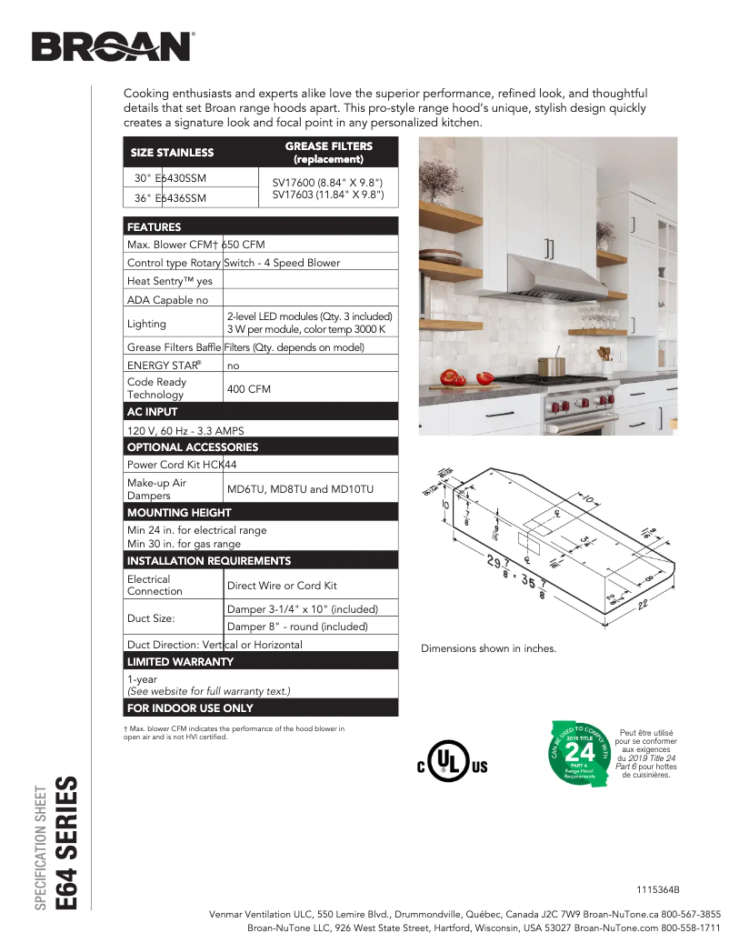 Page 1 of the manual Technical Sheet Broan Elite E6430SSM