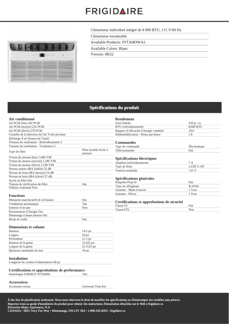 Image de la première page du manuel de l'appareil FFTA083WA1
