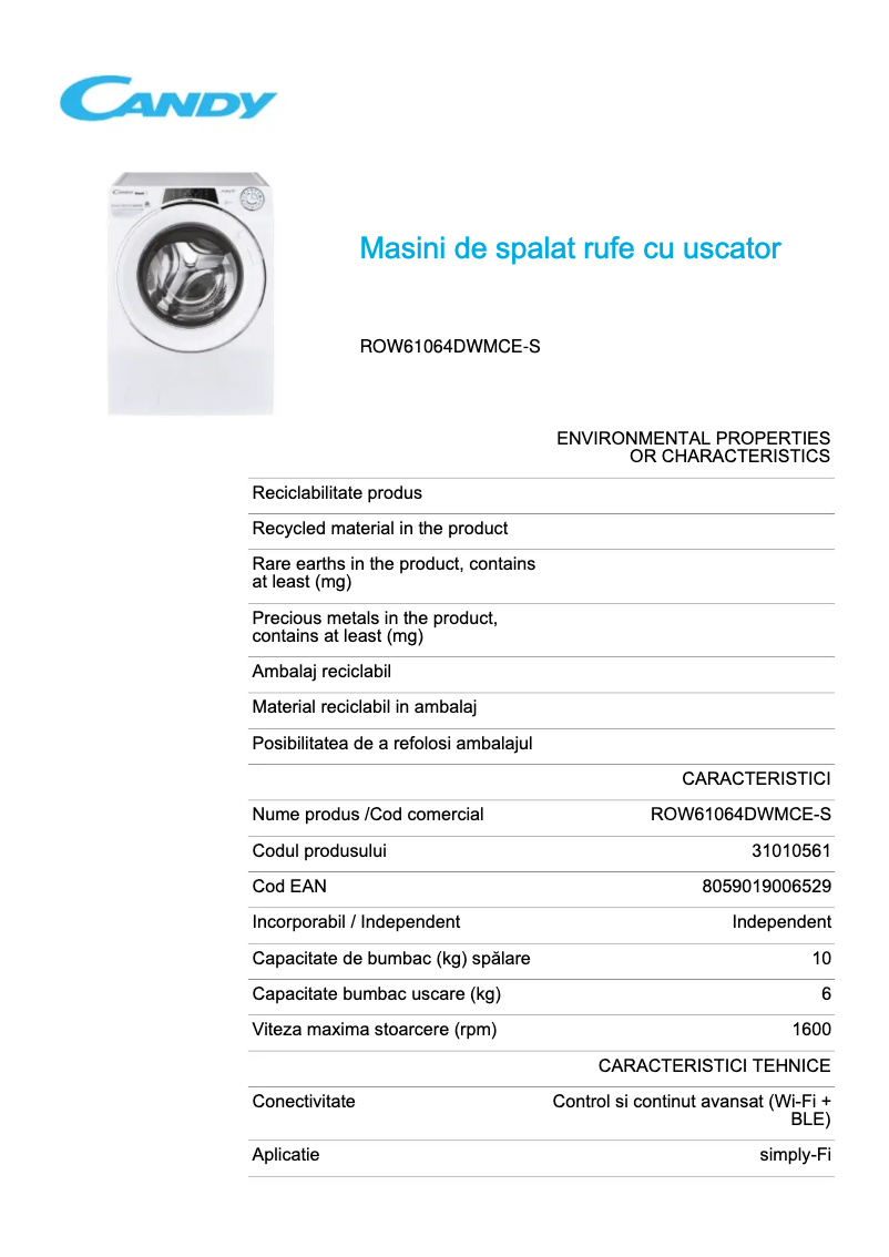 Page 1 de la notice Fiche technique Candy ROW61064DWMCE-S