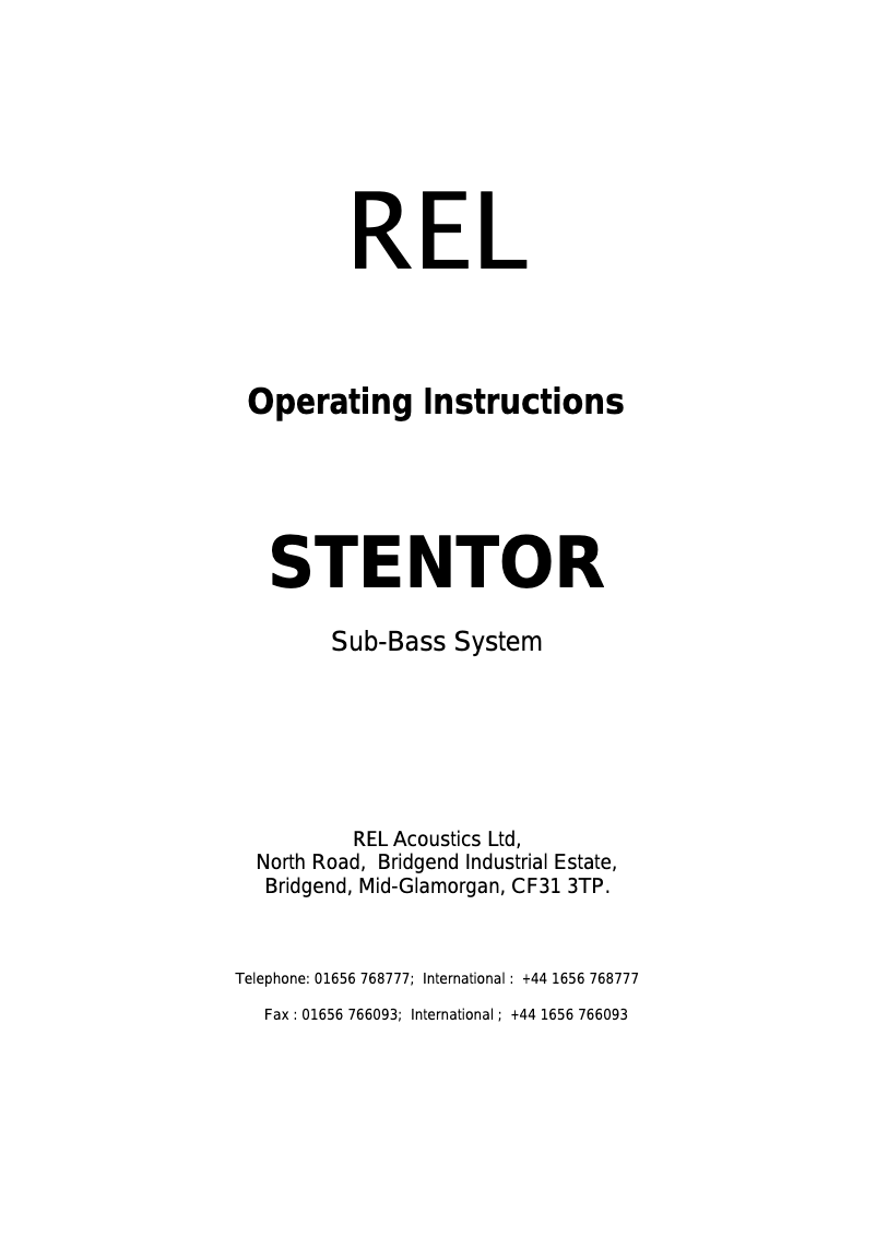 Page n°1 - Manuel utilisateur REL Acoustics Stentor