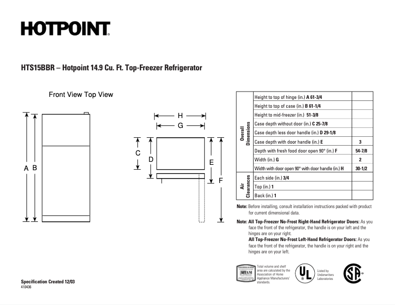 Page n°1 - Fiche technique Hotpoint HTS15BBRLCC